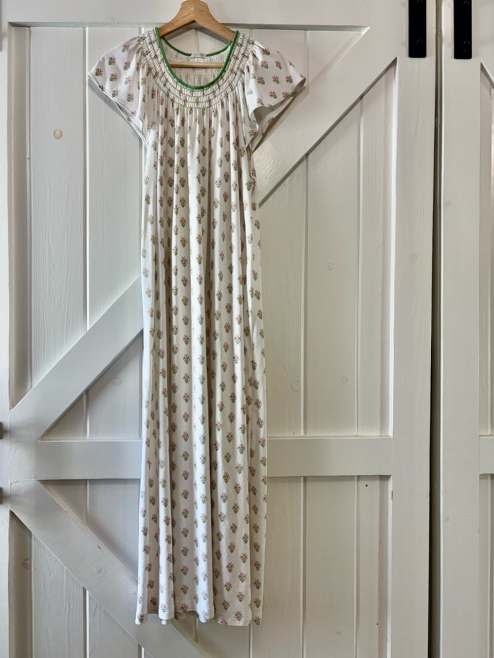 LAKE Pima Cotton White Floral Pink Maxi Nightgown Smocked Green Trim XXL - Picture 2 of 8